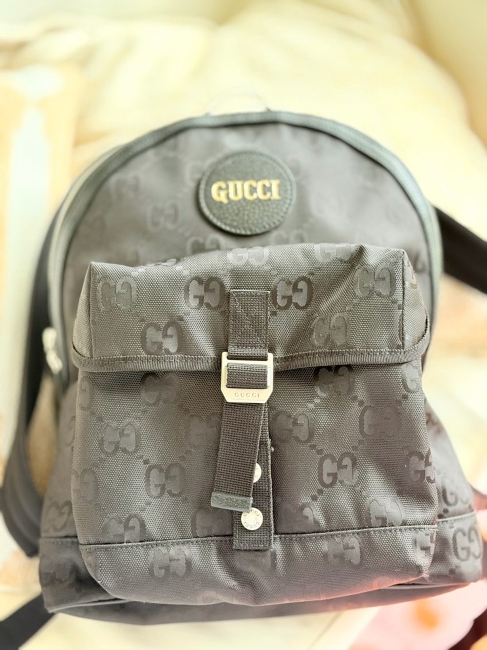 Gucci Black GG Monogram Logo Backpack with Gold Emblem - Picture 5 of 14